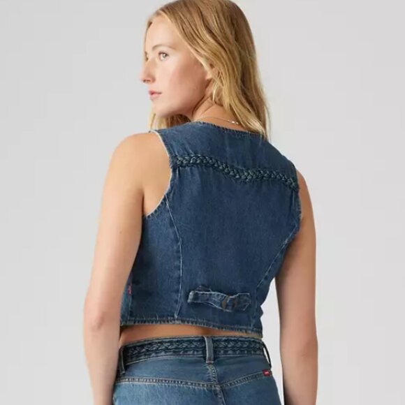 Levi’s Premium Braided Denim Vest L Dark Wash Western Boho Retro Festival - Picture 2 of 10